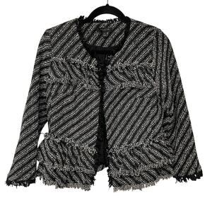 Ann Taylor Black White Striped Tweed Fringe Jacket Womens Size 8P Petite